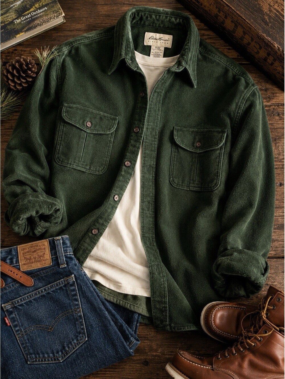 Eddie Bauer Forest Green Chamois Cloth Shirt Heavy Cotton Button Up Men’s XL